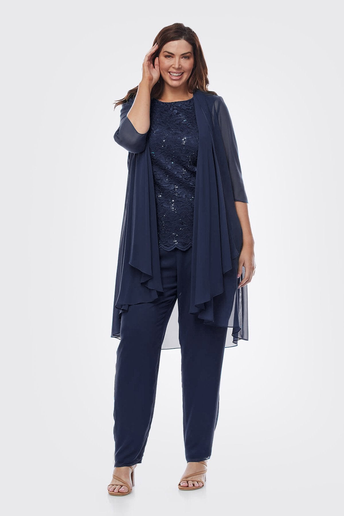 Layla-Jones-Chiffon-Pant-Suit-Lace-Camisole-LJ0402-CC31242-midnight Layla Jones Pant Suit (Navy, Sapphire (Teal), Emerald or Mulberry) - Image 1